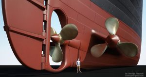 A digital artist's rendition of Titanic's three-bladed centre propeller.