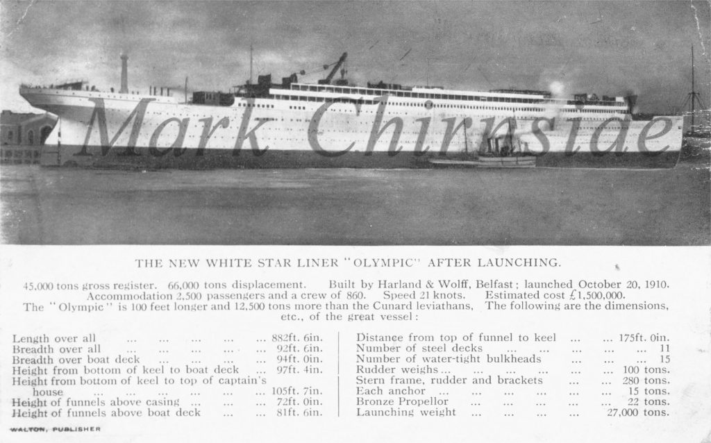 A card showing Olympic's launch cites the incorrect 66,000 ton displacement often given for Titanic.
