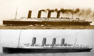 The Lusitania and Mauretania seen in almost identical port side profile views.
