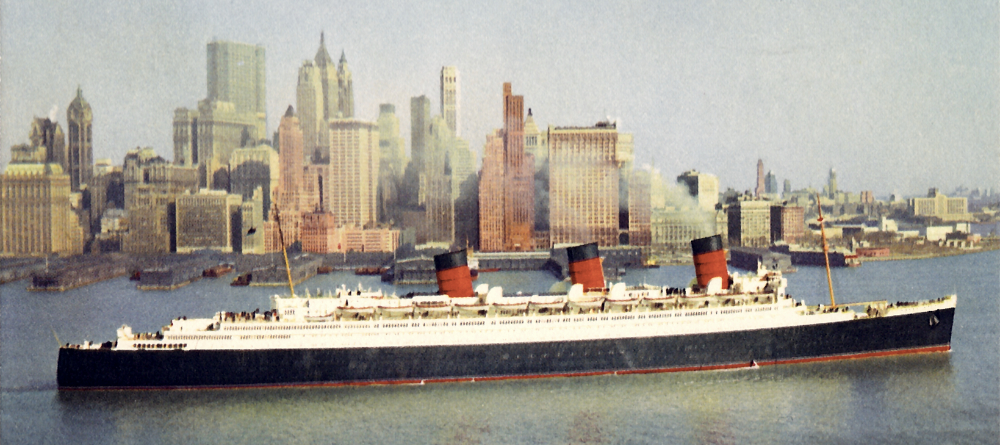 The RMS Queen Mary departing New York later in her career.