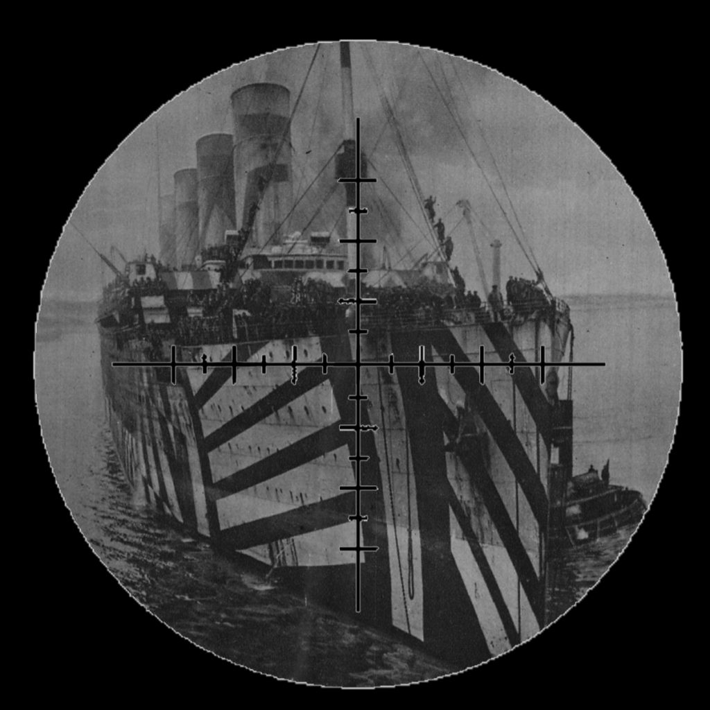 Olympic in her wartime service is seen through a periscope lens.