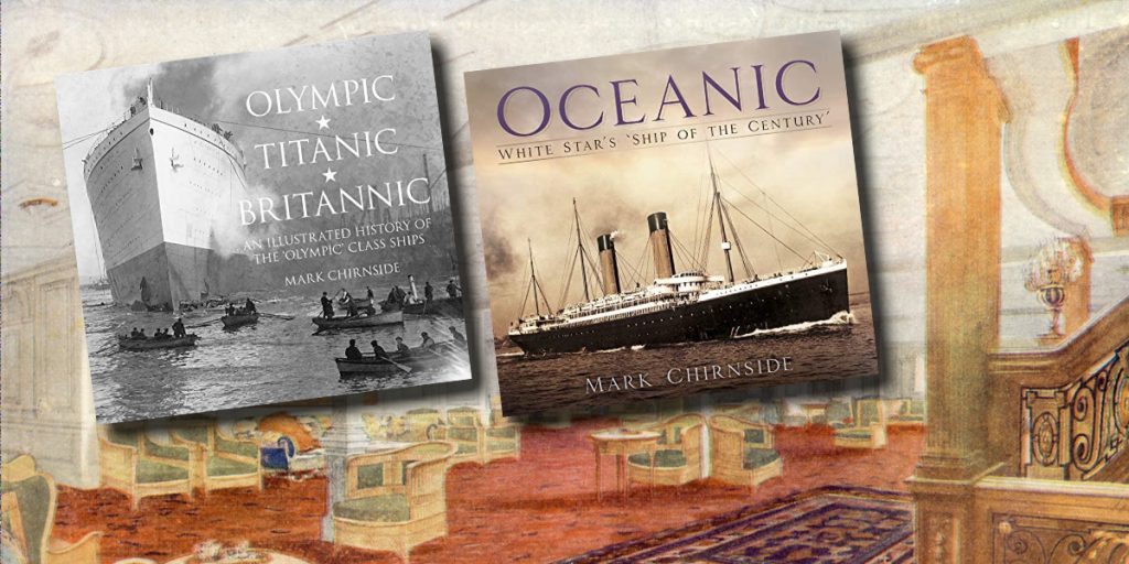 The covers of two of Mark Chirnside's books are placed over an original illustration of RMS Olympic's Reception Room.