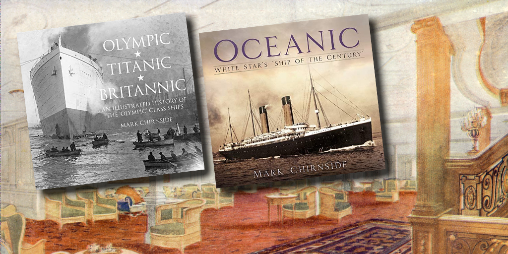The covers of two of Mark Chirnside's books are placed over an original illustration of RMS Olympic's Reception Room.