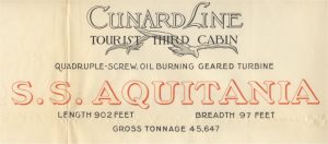Cunard advertising for tourist third cabin accommodations aboard their Aquitania in 1929.