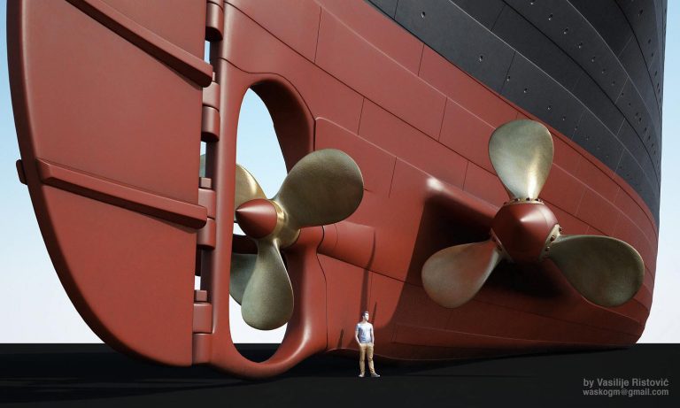 An illustration showing how Titanic's three-blade centre propeller likely appeared.